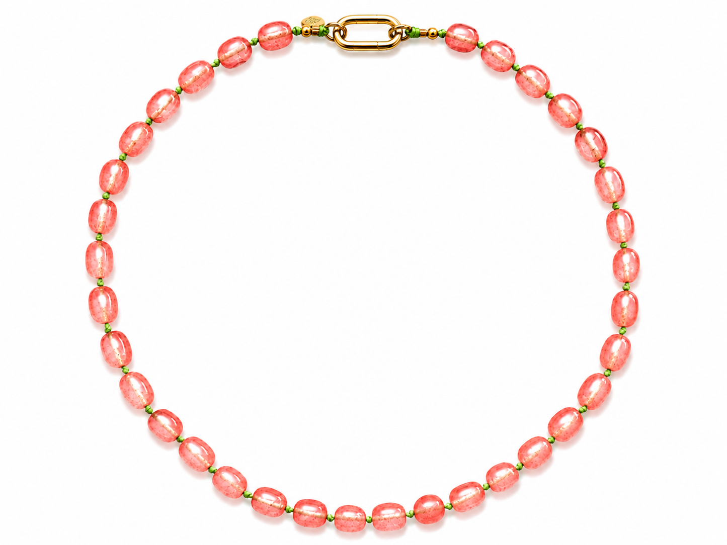 Collar Arun — Rosa/Coral y cordón encerado verde flúor.