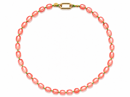 Collar Arun — Rosa/Coral y cordón encerado verde flúor.